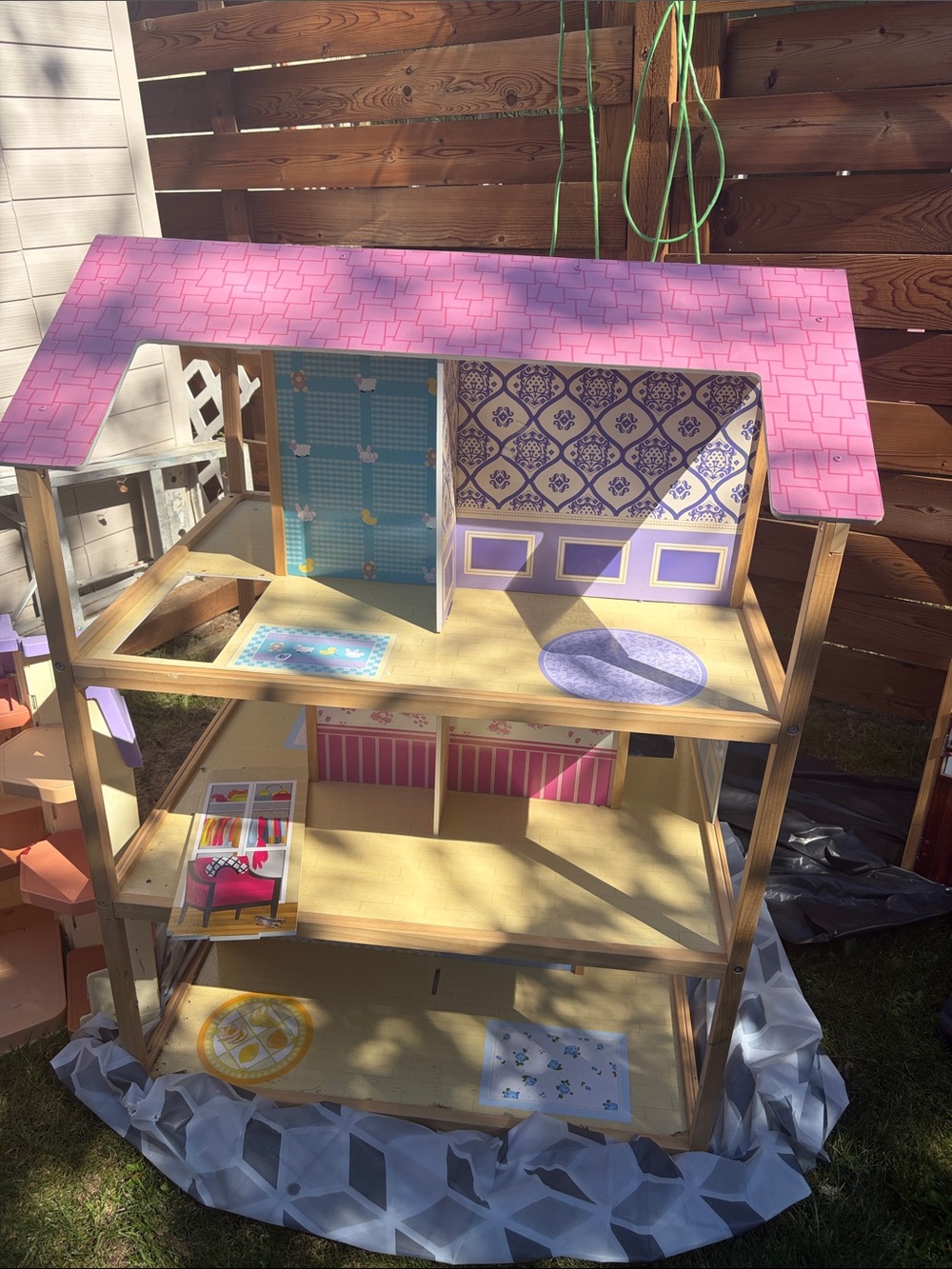 Wooden Dollhouse Playset with Pink Roof and Purple Accents